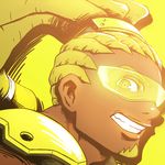  armor brown_hair close-up commentary dark_skin dark_skinned_male face facial_hair from_side green_background green_eyes hairlocs long_hair looking_at_viewer lucio_(overwatch) male_focus overwatch parted_lips ponytail portrait shoulder_armor sijia_wang simple_background solo visor 