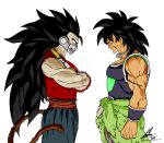  2boys armor black_hair bracelet broly broly_(dragon_ball_super) capelet character_request crossed_arms cunber dark_skin dragon_ball dragon_ball_heroes dragon_ball_super dragon_ball_super_broly highres jewelry long_hair male_focus mouth_guard multiple_boys muscle necklace paan013 pale_skin red_eyes scar short_hair spiked_hair tail very_long_hair white_background wristband yellow_eyes 