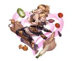  ;&gt; back-to-back bag blonde_hair boots bracelet bread breasts brown_eyes brown_hair carrot cleavage earrings fangs food full_body fur_trim granblue_fantasy hair_ornament hairclip heart high_heel_boots high_heels jewelry long_hair medium_breasts midriff minaba_hideo miniskirt mother_and_daughter multicolored_hair multiple_girls navel nene_(granblue_fantasy) official_art one_eye_closed ponytail skirt thighhighs tomato transparent_background v yae_(granblue_fantasy) 