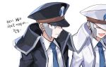  2boys :d ;d black_coat black_hat blue_necktie brothers closed_eyes coat collared_shirt commentary_request emmet_(pokemon) grey_eyes grey_hair hat high_collar highres ingo_(pokemon) korean_commentary korean_text male_focus multiple_boys necktie one_eye_closed open_clothes open_coat open_mouth pokemon pokemon_black_and_white seku_000 shirt short_hair siblings smile white_coat white_hat white_shirt 