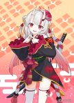  1girl :d bell black_kimono center-flap_bangs commentary_request double_bun frilled_sleeves frills gold_trim gradient_hair grey_hair hair_bell hair_between_horns hair_bun hair_ornament hololive horns japanese_clothes jingle_bell katana kimono kouhaku_nawa long_hair long_sleeves looking_at_viewer mask mask_on_head multicolored_hair nakiri_ayame nakiri_ayame_(1st_costume) off_shoulder official_art oni oni_mask open_mouth red_eyes red_hair red_kimono red_streaks rope saipaco sheath sheathed shimenawa short_kimono skin-covered_horns smile solo streaked_hair sword sword_on_back tabi tassel tassel_hair_ornament teeth thighhighs two_side_up upper_teeth_only virtual_youtuber weapon weapon_on_back white_thighhighs wide_sleeves 