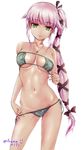  artist_name ass_visible_through_thighs bikini bikini_pull breasts contrapposto covered_nipples eyebrows_visible_through_hair eyepatch_bikini franz_(217franz) green_bikini green_eyes hair_ribbon highres jewelry kantai_collection long_hair looking_at_viewer medium_breasts navel necklace pink_hair ribbon ring shiny shiny_skin side-tie_bikini side_ponytail simple_background smile solo standing strapless strapless_bikini swimsuit tan tanline twitter_username very_long_hair wedding_band white_background yura_(kantai_collection) 