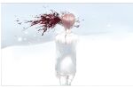  1girl arms_at_sides bead_necklace beads blood blood_spray cowboy_shot dress facing_away from_behind headshot jewelry jm_lotus1 long_sleeves necklace original red_hair short_hair solo spot_color thighhighs white_background white_dress white_thighhighs zettai_ryouiki 