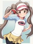  1girl absurdres ahoge black_pantyhose blue_sleeves blush breasts brown_eyes brown_hair closed_mouth commentary_request cosplay cowboy_shot donut_hair_bun double_bun drop_shadow gradient_background hair_bun hakozaki_serika hand_up highres holding holding_poke_ball idolmaster idolmaster_million_live! large_variant_set long_hair looking_at_viewer milliani pantyhose poke_ball poke_ball_(basic) pokemon raglan_sleeves rosa_(pokemon) rosa_(pokemon)_(cosplay) shirt short_shorts shorts small_breasts smile solo standing textless_version twintails variant_set visor_cap white_shirt wristband yellow_shorts 