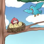  1girl :3 ahoge akino_ell animal baby_animal bird bird_nest blue_eyes blue_sky blush branch chibi chick closed_mouth cloud collared_shirt commentary_request day go-toubun_no_hanayome hair_ornament long_hair mini_person minigirl mouth_hold nakano_itsuki outdoors red_hair shirt short_sleeves sky solo star_(symbol) star_hair_ornament sweater_vest tree white_shirt worm 