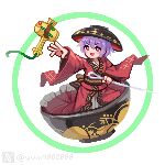  1girl black_sash bowl bowl_hat hat highres holding holding_mallet in_bowl in_container japanese_clothes kimono long_sleeves mallet mini_person minigirl needle obi open_mouth pixel_art purple_hair red_eyes red_kimono sash short_hair solo sukuna_shinmyoumaru touhou twitter twitter_username wide_sleeves yum4802888 