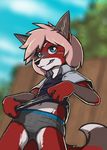  4_fingers anthro blue_eyes canine clothed clothing clothing_lift female fox fur grey_fur hair harmarist mammal navel panties pink_hair public red_fur shirt shirt_lift solo standing underwear undressing white_fur 