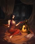  1girl breasts cleavage dragon feeding food highres meat onyxia tarakanovich warcraft world_of_warcraft 