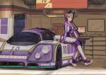  1girl absurdres animal_ears brown_hair car closed_mouth commentary_request gloves helmet highres horse_ears horse_girl indoors jaguar_xjr-9 motor_vehicle multicolored_hair purple_eyes purple_gloves purple_shoes race_vehicle racecar racing_suit shoes short_hair sitting smile solo special_week_(umamusume) stella_(stella) two-tone_hair umamusume unworn_headwear unworn_helmet white_hair 