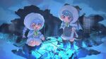 2girls :3 alternate_costume aqua_eyes black_horns black_wings blue_boots blue_capelet blue_coat blue_eyes blue_hair blue_wings blunt_bangs blush_stickers boots braid capelet chibi chibi_only closed_mouth coat commentary_request dalssi dragon_girl dragon_horns full_body fur-trimmed_boots fur-trimmed_capelet fur-trimmed_coat fur-trimmed_hood fur_trim hair_ornament hair_ribbon hairclip hands_on_own_hips highres hood hood_up hooded_capelet horns ice kneeling korean_commentary long_hair long_sleeves multiple_girls naia_(trickcal) neck_ribbon open_mouth pointing ribbon silphir_(trickcal) smile snow trickcal twin_braids two-tone_wings wings winter_clothes yellow_ribbon 