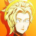  blonde_hair blue_eyes close-up closed_mouth commentary face high_ponytail long_hair looking_at_viewer mechanical_halo mercy_(overwatch) orange_background overwatch portrait sijia_wang simple_background solo 