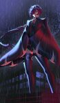  1girl absurdres arms_behind_back black_cloak boots building chco city cloak closed_mouth commentary_request crescent crescent_earrings earrings from_below full_body hair_over_one_eye highres jewelry long_hair looking_at_viewer night outdoors promeia_(zenless_zone_zero) purple_eyes purple_hair rain red_light shorts solo standing thigh_boots thighs very_long_hair zenless_zone_zero 
