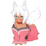  :o all_fours animal_ears aqua_eyes dark_skin done_(donezumi) fox_ears fox_tail off_shoulder original short_hair simple_background solo tail white_background white_hair 