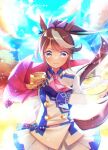  1girl animal_ears ascot blue_eyes blue_sky blush brown_hair buttons cape closed_mouth cloud commentary_request double-breasted epaulettes gloves hair_between_eyes highres horse_ears horse_girl horse_tail jacket long_hair long_sleeves looking_at_viewer multicolored_hair multicolored_jacket pink_ascot ponytail red_cape single_epaulette single_hair_streak skirt sky smile solo streaked_hair tail tokai_teio_(peak_joy)_(umamusume) tokai_teio_(umamusume) tsurugi_hikaru two-tone_hair two-tone_jacket two-tone_skirt umamusume white_gloves white_hair white_jacket white_skirt white_streaks 