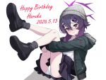  anchey00 beanie birthday black_shoes blue_archive blush closed_mouth collarbone commentary_request dated halo happy_birthday haruka_(blue_archive) hat jacket looking_at_viewer panties purple_eyes purple_hair purple_halo shoes skirt solo sweatdrop underwear white_background white_panties 