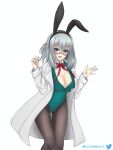  1girl \||/ animal_ear_hairband animal_ears aqua_eyes aqua_hair beads black_hairband black_pantyhose bow bowtie breasts cleavage coat commentary commission covered_navel cutie_revolt detached_collar english_commentary eyebrows_hidden_by_hair fake_animal_ears glasses green_leotard groin hair_beads hair_between_eyes hair_ornament hairband hands_up highres lab_coat large_breasts leotard long_hair long_sleeves medium_hair neck_ribbon one_side_up open_clothes open_coat open_mouth pantyhose playboy_bunny rabbit_ear_hairband rabbit_ears red-framed_eyewear red_bow red_bowtie red_ribbon ribbon riddle_joker semi-rimless_eyewear shikibe_mayu simple_background smile solo thigh_gap twitter_username white_background 