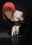  1girl black_dress breasts chainsaw_man cleavage closed_mouth dress expressionless highres looking_at_viewer makima_(chainsaw_man) red_hair reflective_floor ringed_eyes sidelocks small_breasts solo tarinne yellow_eyes 