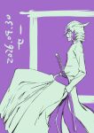  1boy arrancar bleach closed_mouth commentary dated facial_mark from_side hair_between_eyes hakama hakama_pants half_mask highres jacket japanese_clothes katana komatsubara_sei looking_at_viewer male_focus mask monochrome pants purple_background purple_theme sheath sheathed short_hair skull_mask solo sword ulquiorra_cifer weapon white_hakama white_jacket white_pants 