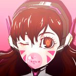 bangs brown_hair bubble_blowing chewing_gum close-up commentary d.va_(overwatch) face facial_mark headphones long_hair looking_at_viewer one_eye_closed overwatch parted_lips pink_background pink_lips portrait sijia_wang simple_background solo swept_bangs whisker_markings 