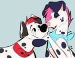 bandanna canine cobalt_(cobaltdawg) cobaltdawg collar dalmatian dog duo female feral freckles_(character) fur hair male mammal open_mouth pastelcore pink_hair red_hair spots white_fur 