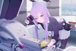  1girl belt_pouch bent_over black_gloves blue_archive blue_necktie doremi_(doremi4704) game_asset gloves halo hand_up highres holding holding_wrench hwansang id_card indoors lanyard leaning_forward long_hair looking_at_viewer machine millennium_science_school_logo necktie non-web_source official_art pantyhose pillar pleated_skirt pouch purple_eyes purple_hair purple_vest self-datamine skirt straight_hair sweat swept_bangs utaha_(blue_archive) vest white_skirt window workshop wrench 
