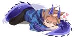  1boy animification black_pants blue_hoodie brown_hair closed_eyes colored_extremities commentary eddsworld english_commentary highres hood hood_down hoodie horns long_sleeves lying male_focus monster_boy monster_tom_(eddsworld) on_stomach pants pointy_ears simple_background sleeping solo spiked_hair tail thick_eyebrows tom_(eddsworld) white_background xuxmo zzz 