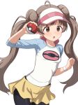  1girl :o absurdres ahoge black_pantyhose blue_sleeves blush breasts brown_eyes brown_hair commentary_request cosplay cowboy_shot donut_hair_bun double_bun drop_shadow hair_bun hakozaki_serika hand_up highres holding holding_poke_ball idolmaster idolmaster_million_live! large_variant_set long_hair looking_ahead milliani open_mouth pantyhose poke_ball poke_ball_(basic) pokemon raglan_sleeves rosa_(pokemon) rosa_(pokemon)_(cosplay) shirt short_shorts shorts simple_background small_breasts smile solo standing transparent_background twintails variant_set visor_cap white_shirt wristband yellow_shorts 