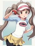  1girl :o absurdres ahoge black_pantyhose blue_sleeves blush breasts brown_eyes brown_hair commentary_request cosplay cowboy_shot donut_hair_bun double_bun drop_shadow gradient_background hair_bun hakozaki_serika hand_up highres holding holding_poke_ball idolmaster idolmaster_million_live! large_variant_set long_hair looking_ahead milliani open_mouth pantyhose poke_ball poke_ball_(basic) pokemon raglan_sleeves rosa_(pokemon) rosa_(pokemon)_(cosplay) shirt short_shorts shorts small_breasts smile solo standing textless_version twintails variant_set visor_cap white_shirt wristband yellow_shorts 