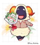  1girl :d ^_^ animal_crossing artist_name black_fur black_skin body_fur bouquet bow brown_cardigan brown_jacket cardigan closed_eyes colored_skin commentary_request curled_horns floral_background flower full_body furry furry_female furry_male goat_horns grid_background happy highres holding holding_bouquet holding_flower horns jacket kopa_nishikida long_sleeves male_focus one_eye_closed open_mouth orange_flower pink_bow pink_flower red_bow red_ribbon ribbon sheep_girl sheep_horns shirt simple_background smile solo twitter_username vesta_(animal_crossing) walking white_background white_flower white_fur white_shirt yellow_flower 