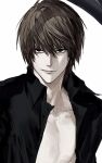  1boy black_eyes black_shirt brown_hair closed_mouth collarbone death_note dress_shirt hair_between_eyes highres looking_at_viewer male_focus open_clothes open_shirt shirt short_hair solo sso_s upper_body yagami_light 