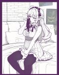 1girl ahoge blush bow bowtie breasts caffichai center_frills drill_hair erection frills futanari gem hairband half-closed_eyes halftone halftone_outline highres holding long_hair masturbation open_mouth outline panties penis pointy_ears purple_bow purple_bowtie purple_gem purple_hairband red_eyes shirt smelling smelling_clothes smelling_underwear solo underwear vivian_banshee zenless_zone_zero 