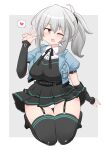  1girl :d ;d assault_lily belt black_belt black_dress black_ribbon black_thighhighs blue_jacket blush border breast_pocket breasts collared_shirt commentary_request detached_sleeves dress full_body garter_straps grey_background grey_hair hair_between_eyes hair_ribbon hand_up hata_matsuri heart high-waist_belt highres jacket jewelry kneeling large_breasts long_sleeves looking_at_viewer medium_hair neck_ribbon no_shoes official_alternate_costume official_alternate_hairstyle one_eye_closed open_clothes open_jacket open_mouth outside_border panties pantyshot pleated_dress pocket puffy_short_sleeves puffy_sleeves purple_eyes ribbon ring sekiri_(sekiriri) shirt short_dress short_sleeves simple_background sleeves_past_wrists smile solo speech_bubble spoken_heart striped_clothes striped_dress studded_belt thigh_gap thighhighs underwear w white_border white_panties white_shirt 