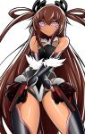  1girl breasts brown_hair dark-skinned_female dark_skin frilled_leotard frills highres impossible_clothes impossible_leotard legs leotard long_hair looking_at_viewer mizuki_yukikaze one-piece_tan purple_eyes small_breasts taimanin_(series) taimanin_rpgx taimanin_suit taimanin_yukikaze taimanin_yukikaze_2 tan tanlines white_background 