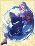  1girl anklet bead_anklet bead_necklace beads belt belt_buckle black_belt black_choker black_hakama blue_hair blue_hands breasts brown_cardigan buckle cardigan chain_paradox chest_sarashi choker cleavage commentary_request criss-cross_halter crystal_sword demon_horns fangs fingernails full_body geta glasses hair_between_eyes hair_ornament hairclip hakama hakama_pants halterneck highres holding holding_sheath holding_sword holding_weapon horns ice_horns japanese_clothes jewelry katana knee_up large_breasts long_hair long_sleeves looking_at_viewer midriff nail_polish necklace off_shoulder open_cardigan open_clothes open_mouth orange_eyes pants parallel_hairclips rectangular_eyewear red_nails rimless_eyewear sarashi sharp_fingernails sheath shiroganeyoru solo standing standing_on_one_leg swinging_weapon sword teeth toenail_polish toenails v-shaped_eyebrows very_long_hair weapon yellow_background 