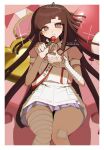  1girl apron bandaged_arm bandaged_hand bandaged_leg bandages bandaid bandaid_on_knee bandaid_on_leg blue_skirt blush border brown_hair cake cake_slice closed_mouth collared_shirt commentary_request danganronpa_(series) danganronpa_2:_goodbye_despair dated eyelashes food fork fruit highres holding holding_fork holding_plate long_hair mi_shengwu_3.2_hao pink_shirt plate puffy_short_sleeves puffy_sleeves purple_eyes sash shirt short_sleeves sitting skirt smile solo sparkle split_mouth strawberry string_of_flags tiara tsumiki_mikan very_long_hair white_apron white_border 
