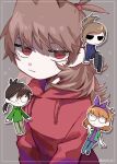  4girls animification antenna_hair bad_id bad_twitter_id blue_hoodie border bow bow_hairband brown_background brown_hair chibi chibi_inset commentary cutout_eyelashes drawstring eddsworld ell_(eddsworld) english_commentary green_hoodie green_jacket hair_bobbles hair_ears hair_ornament hairband hollow_eyes hood hood_down hoodie inactive_account inverted_eyelashes jacket jitome long_hair long_sleeves looking_at_viewer matilda_(eddsworld) medium_hair multiple_girls omochi_ud open_clothes open_jacket orange_hair ponytail purple_bow purple_hairband purple_hoodie red_eyes red_hoodie short_hair simple_background smile solo_focus sparkle tamara_(eddsworld) topknot tori_(eddsworld) upper_body white_border 