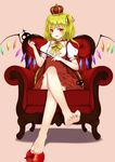  apple bare_legs barefoot beige_background blonde_hair bow bowtie chair crossed_legs crown dress eyebrows_visible_through_hair feet flan_(seeyouflan) flandre_scarlet food fruit full_body hair_ribbon highres laevatein long_hair looking_at_viewer mini_crown nail_polish puffy_short_sleeves puffy_sleeves red_dress red_eyes red_nails red_ribbon ribbon short_sleeves simple_background sitting solo toes touhou underbust wings yellow_bow yellow_neckwear 