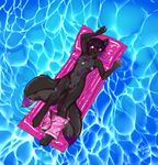  2016 2_tails animal_genitalia anthro antiroo armpits balls black_fur black_hair canine clothing dipstick_tail eyewear floating fur hair highlights male mammal multi_tail multicolored_tail purple_highlights relaxing sheath solo sunglasses swimming_pool swimming_trunks swimsuit tattoo water 