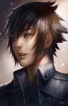  absurdres bangs black_hair black_jacket blue_eyes collared_jacket final_fantasy final_fantasy_xv high_collar highres jacket leather leather_jacket lips male_focus noctis_lucis_caelum norman_de_mesa nose open_mouth parted_lips portrait realistic sidelocks solo spiked_hair teeth 
