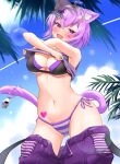  1girl absurdres ahoge animal_ears bikini black_bikini blue_sky blush breasts cat_ears cat_girl cat_tail cleavage commentary_request hair_between_eyes highres hololive holonatsu_paradise long_hair looking_at_viewer navel nekomata_okayu nekomata_okayu_(holonatsu_paradise) onigirya_(nekomata_okayu) open_mouth outdoors partially_undressed purple_bikini purple_eyes purple_hair purple_tail short_hair sky smile solo stomach striped_bikini striped_clothes swimsuit tail tyepeti undressing 