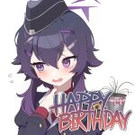  1girl averting_eyes backscratcher777 blue_archive commentary english_text flying_sweatdrops garrison_cap hair_between_eyes hair_ornament hairclip halo happy_birthday haruka_(blue_archive) hat highres jacket looking_to_the_side own_hands_together peanut_mouth plant potted_plant purple_eyes purple_hair purple_halo purple_hat purple_jacket red_shirt shirt sideways_glance simple_background solo upper_body weeds white_background 