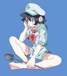  absurdres aqua_eyes barefoot black_hair blue_background hand_on_own_face hat highres hishaku k_conro murasa_minamitsu sailor sailor_collar sailor_hat short_hair short_sleeves shorts simple_background sitting solo touhou 