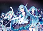  absurdres ahoge aqua_eyes aqua_hair arm_up detached_sleeves dress eighth_note gloves hat hatsune_miku highres long_hair magical_mirai_(vocaloid) microphone multiple_girls musical_note necktie one_eye_closed open_mouth pantyhose siji_(szh5522) skirt smile thigh_strap thighhighs top_hat twintails very_long_hair vocaloid 