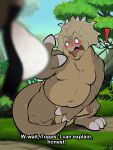 3_claws 3_fingers absurd_res anthro belly blush bodily_fluids caught_off_guard centrosaurine ceratopsian ceratopsid chasmosaurine claws clothing covering covering_crotch covering_penis daddy_topps dinosaur don_bluth duo embarrassed english_text erection fingers foreskin genitals grass hi_res jockstrap male marginocephalian motion_lines mr._thicknose_(the_land_before_time) navel nude ornithischian outside overweight overweight_anthro overweight_male pachyrhinosaurus penis plant prehistoric_species reptile scalie shrub solo_focus sweat sweatdrop text the_land_before_time tree triceratops underwear yellowluster