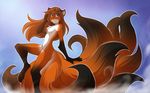  16:10 2017 anthro black_fur blue_background blue_eyes breasts canine casual_nudity chest_tuft digitigrade dipstick_tail featureless_breasts female fluffy fluffy_tail fox fur gloves_(marking) gradient_background hi_res keidran laura_(twokinds) looking_at_viewer mammal markings multi_tail multicolored_tail nude one_leg_up orange_fur side_view simple_background small_breasts smile socks_(marking) solo tom_fischbach tuft twokinds webcomic white_fur 