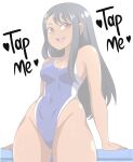  1girl absurdres abysswatchers asymmetrical_bangs bare_shoulders black_hair blue_one-piece_swimsuit breasts brown_eyes covered_navel cowboy_shot fang hair_ornament hairclip highres ijiranaide_nagatoro-san long_hair looking_at_viewer meme nagatoro_hayase one-piece_swimsuit open_mouth small_breasts smile solo swimsuit tan tap_me_(meme) two-tone_one-piece_swimsuit white_one-piece_swimsuit 