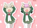  :d ahoge bow bowtie caramelldansen closed_eyes comic commentary_request dancing eyebrows_visible_through_hair fur-trimmed_sleeves fur_trim goma_(gomasamune) green_jacket green_skirt grey_hair hands_on_own_head highres jacket kantai_collection kunashiri_(kantai_collection) long_sleeves multiple_girls open_mouth outline pantyhose parody pink_background pink_hair pleated_skirt recording red_bow red_neckwear school_uniform shimushu_(kantai_collection) skirt smile star white_legwear white_outline 
