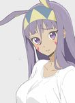  absurdres alternate_costume animal_ears bangs blunt_bangs blush breasts closed_mouth collarbone commentary_request dark_skin donguri_suzume embarrassed expressionless facepaint fate/grand_order fate_(series) flying_sweatdrops grey_background hairband highres jackal_ears lips looking_at_viewer medium_breasts nitocris_(fate/grand_order) no_pupils purple_eyes purple_hair simple_background solo upper_body 