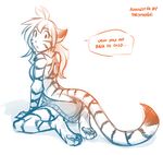  2017 anthro arched_back butt clothed clothing dialogue digitigrade ears_back english_text feline flora_(twokinds) fur keidran kneeling looking_back mammal monochrome partially_clothed pawpads pose simple_background sketch solo striped_fur stripes sweater text tiger tom_fischbach twokinds virgin_killer_sweater webcomic white_background 