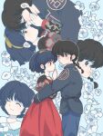  1boy 1girl ^_^ arm_around_another's_back black_hair blue_background blue_eyes blue_hair blue_pants bow braid brown_eyes chinese_clothes closed_eyes closed_mouth commentary_request cosplay floral_background hair_bow hairband hand_on_another's_cheek hand_on_another's_face hetero honey_wacca imminent_kiss juliet_capulet juliet_capulet_(cosplay) juliet_sleeves long_sleeves pants puffy_sleeves ranma_1/2 saotome_ranma saotome_ranma_(male) scene_reference short_hair single_braid smile tendou_akane yellow_bow yellow_hairband 